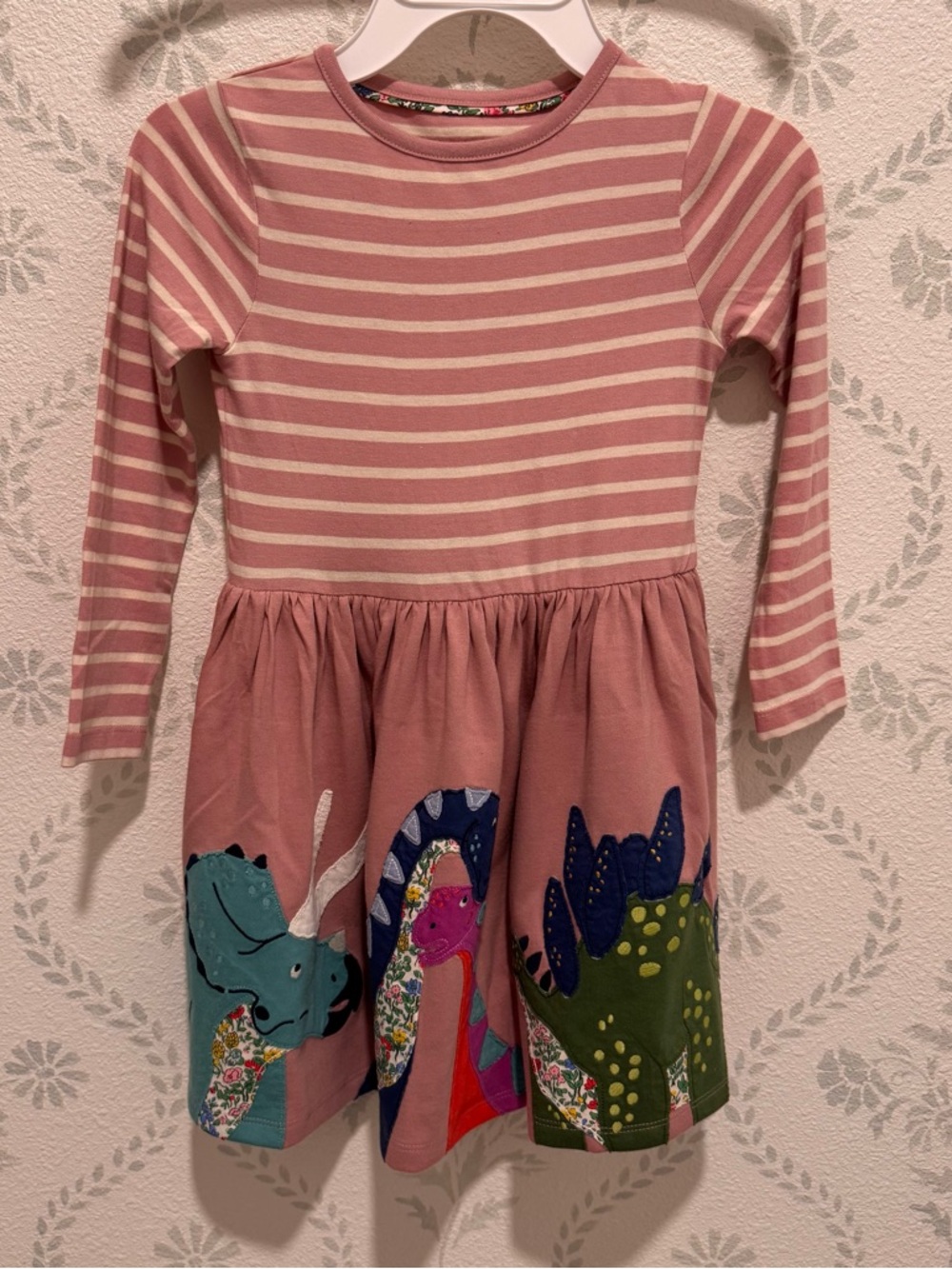 NWOT Mini Boden Striped Pink Dinosaur Dress